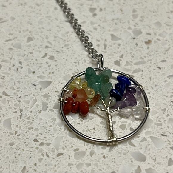 Crushed Stone Silver Color Tree Of Life Necklace - Picture 5 of 10